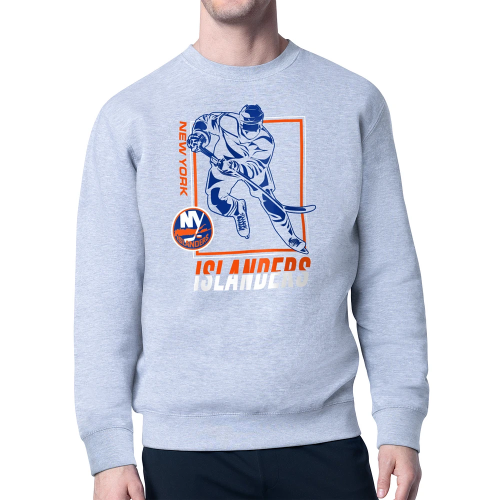 Men's Starter Heather Gray New York Islanders Player Grid Fleece Pullover Sweatshirt