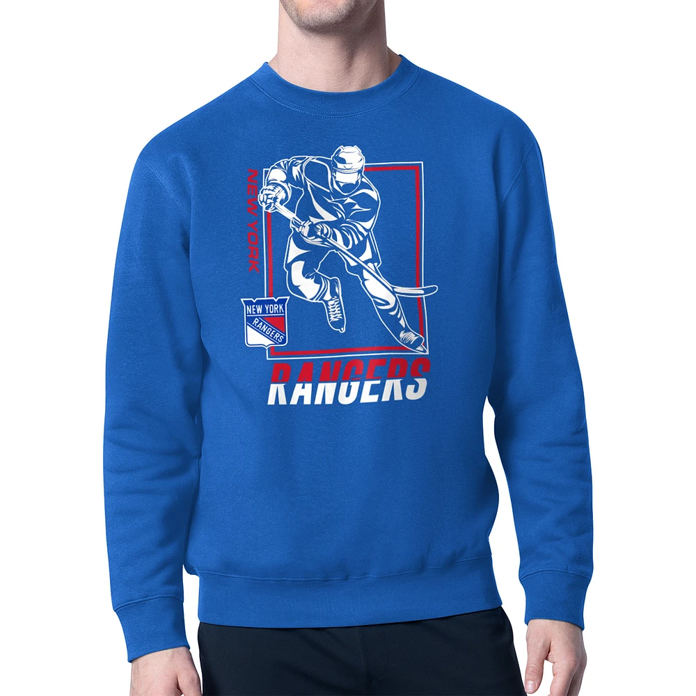 Men's Starter Blue New York Rangers Player Grid Fleece Pullover Sweatshirt