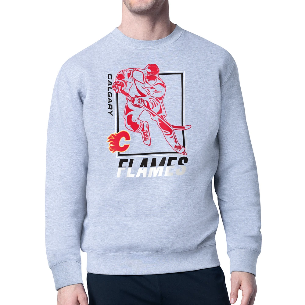 Men's Starter Heather Gray Calgary Flames Player Grid Fleece Pullover Sweatshirt