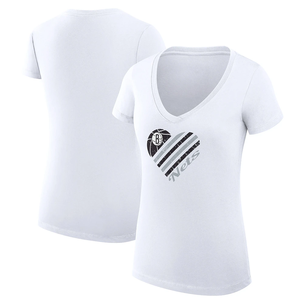 Women's G-III 4Her by Carl Banks White Brooklyn Nets Super-Slim Fit Lightweight Heart V-Neck T-Shirt