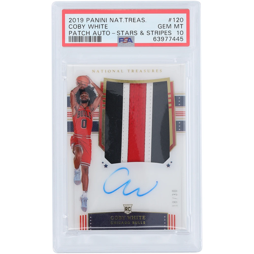 Coby White Chicago Bulls Autographed 2019-20 Panini National Treasures Tri-Color Patch Relic #120 #18/30 PSA Authenticated 10 Rookie Card
