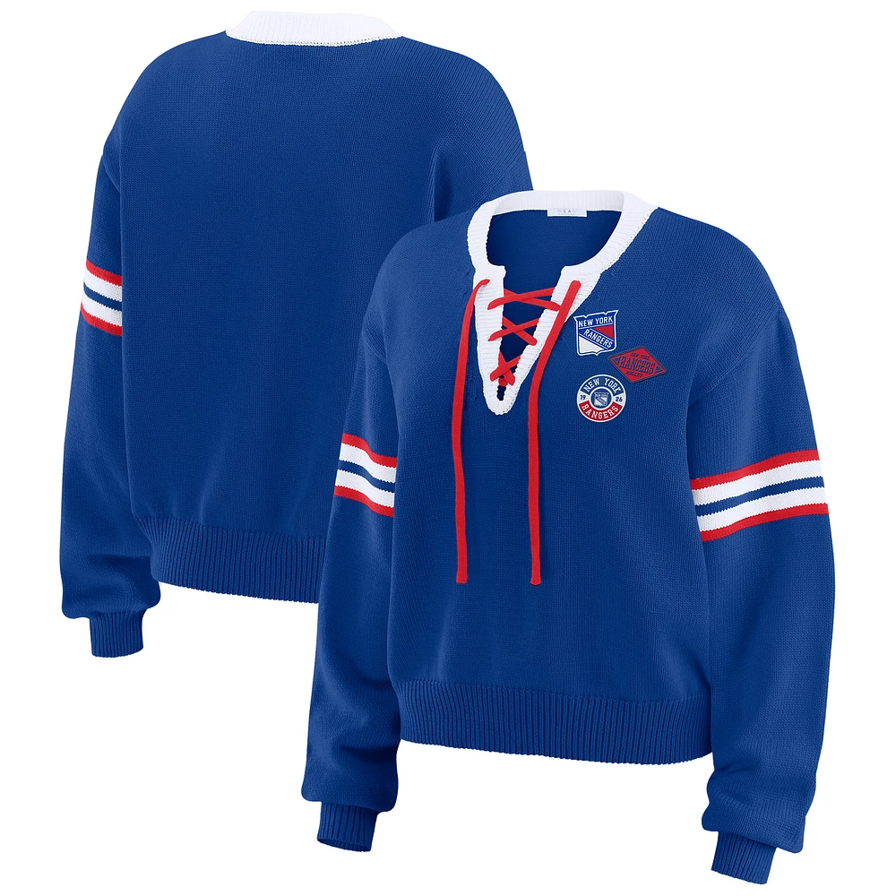 Women's WEAR by Erin Andrews Blue New York Rangers Cropped Lace-Up Sweater