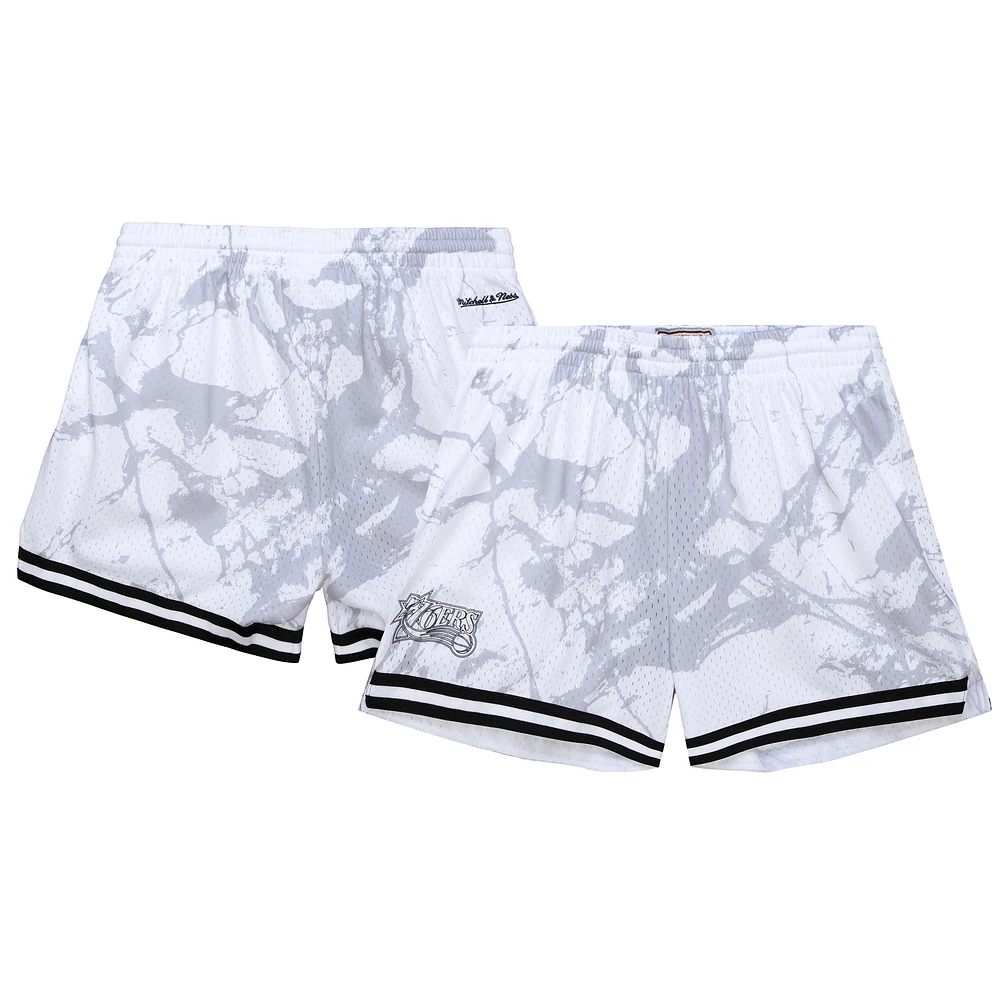 Women's Mitchell & Ness White Philadelphia 76ers Hardwood Classics Marble Shorts