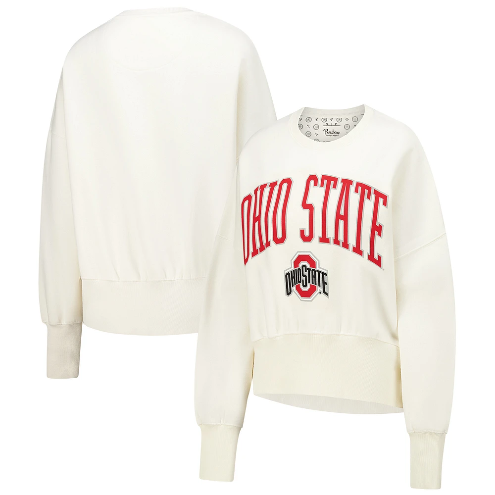 Women's Pressbox Ivory Ohio State Buckeyes Oversized Waist-Length Crewneck Sweatshirt