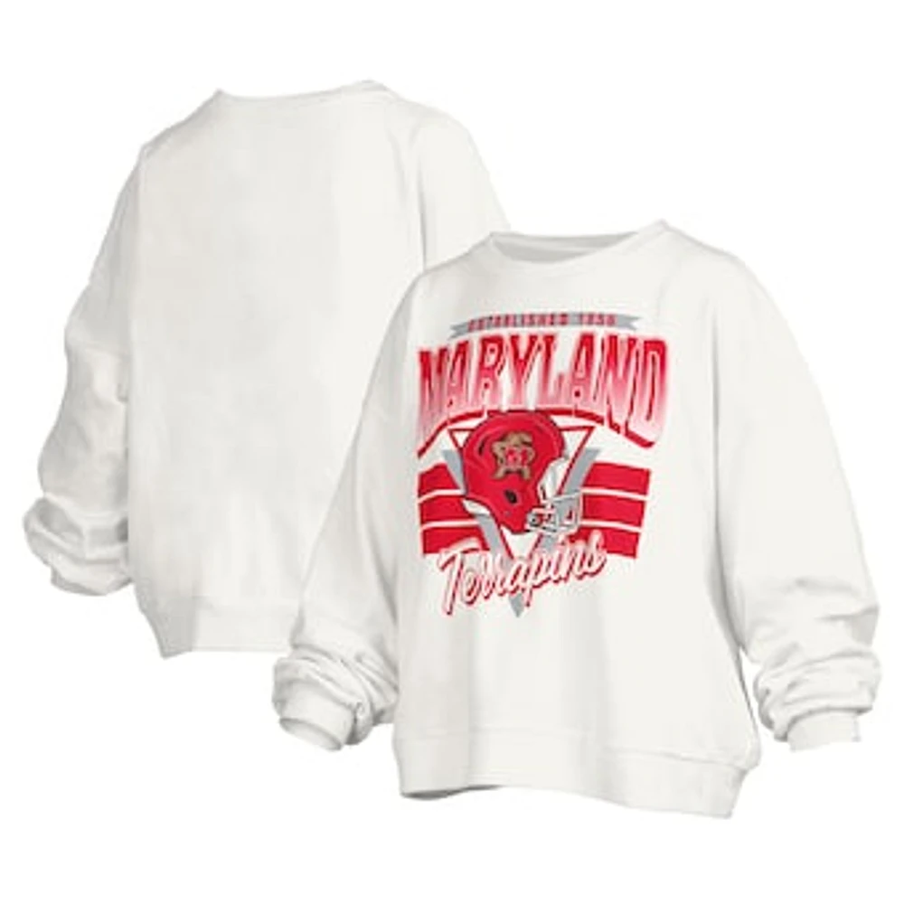 Women's Pressbox White Maryland Terrapins Janice Retro Logo Oversized Pullover Sweatshirt