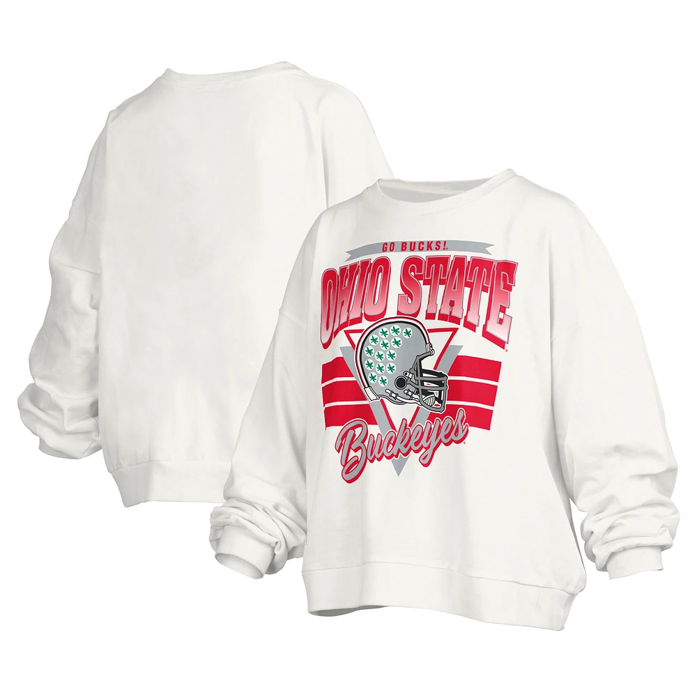 Women's Pressbox White Ohio State Buckeyes Janice Retro Logo Oversized Pullover Sweatshirt