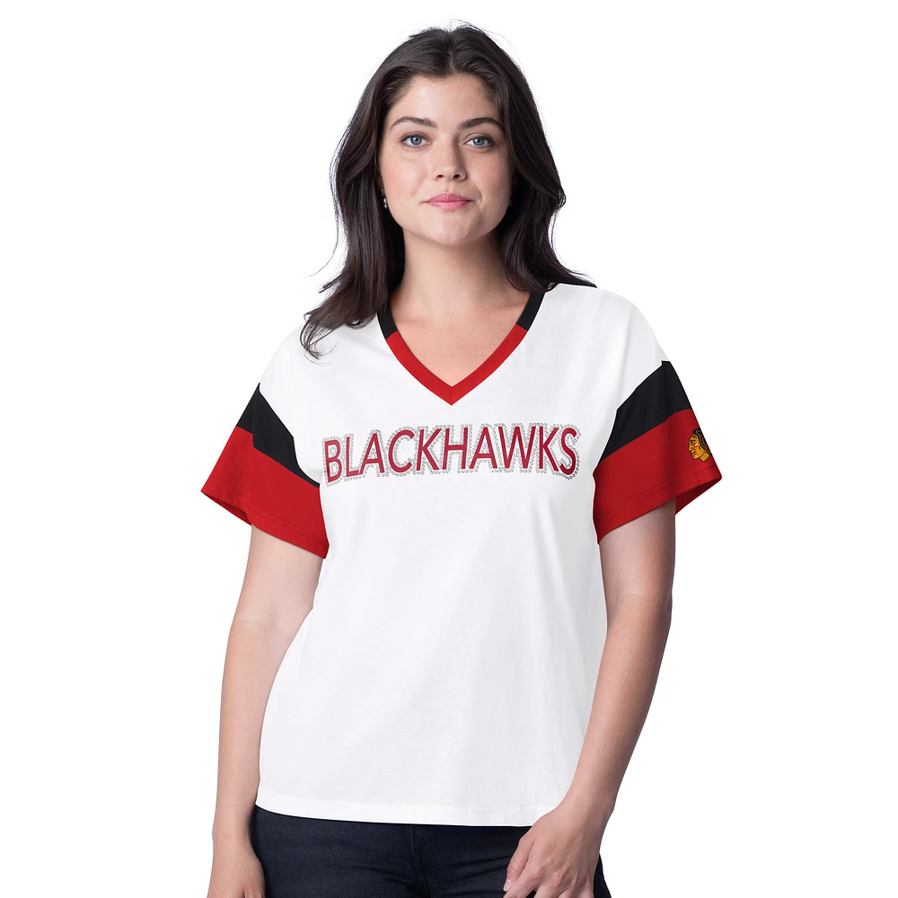 Women's G-III 4Her by Carl Banks White Chicago Blackhawks Rink Oversized Rhinestone V-Neck T-Shirt