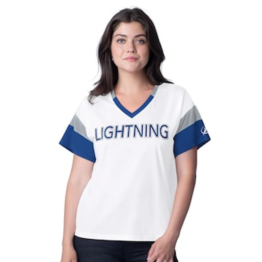 Women's G-III 4Her by Carl Banks White Tampa Bay Lightning Rink Oversized Rhinestone V-Neck T-Shirt