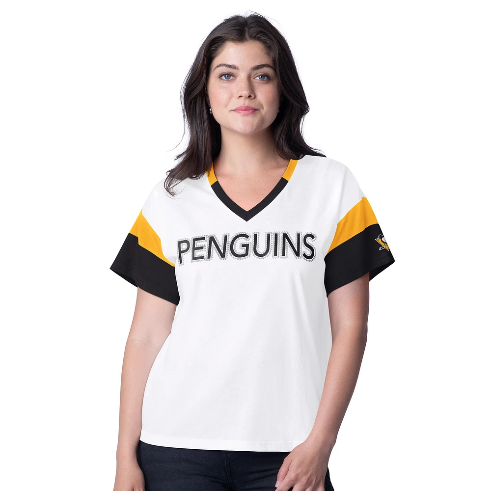 Women's G-III 4Her by Carl Banks White Pittsburgh Penguins Rink Oversized Rhinestone V-Neck T-Shirt