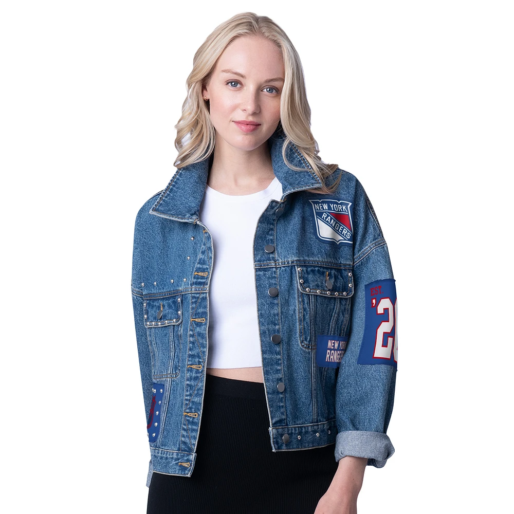 Women's G-III 4Her by Carl Banks New York Rangers Game Ball Cropped Button-Up Denim Jacket