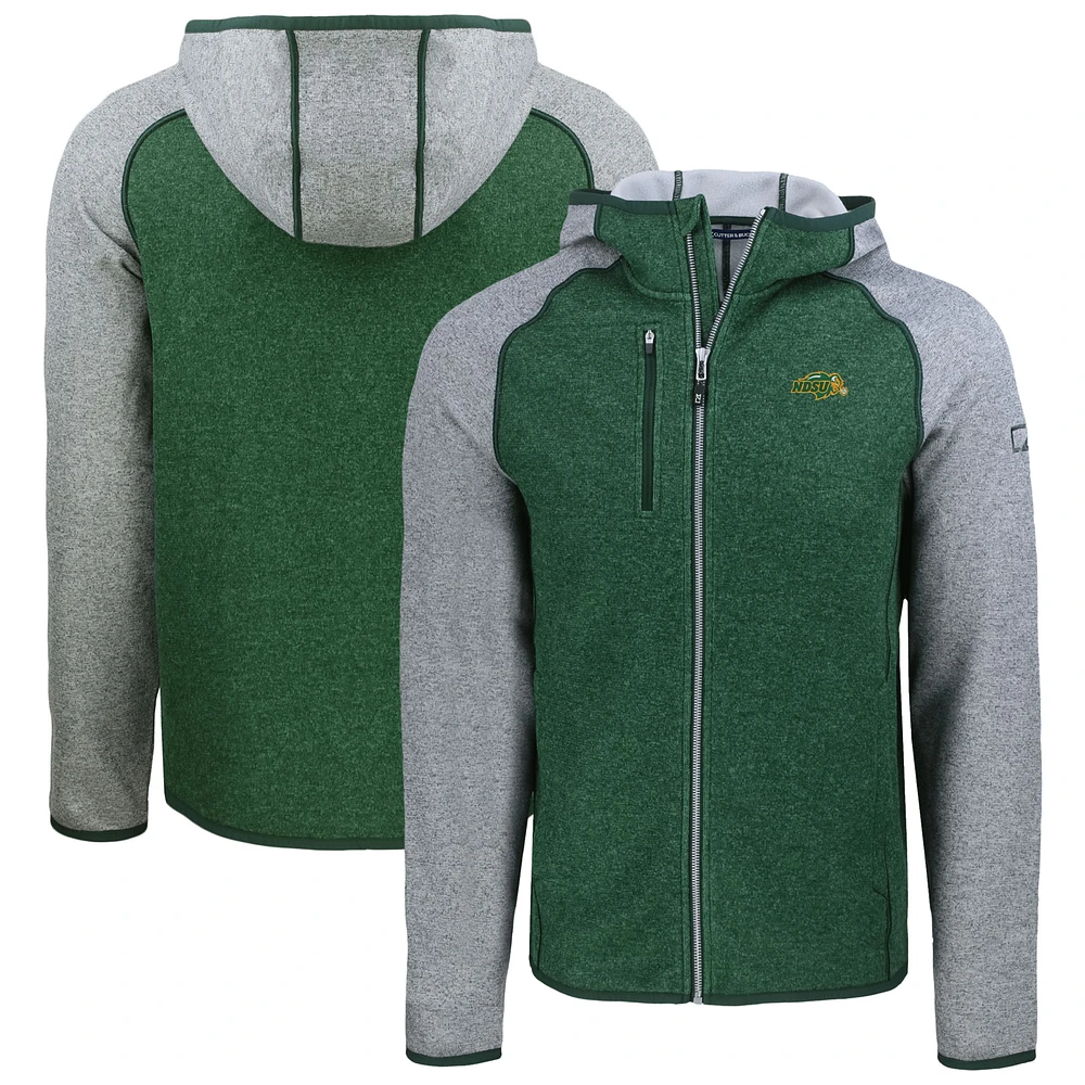 Men's Cutter & Buck Heather Green NDSU Bison Mainsail Raglan Full-Zip Hoodie