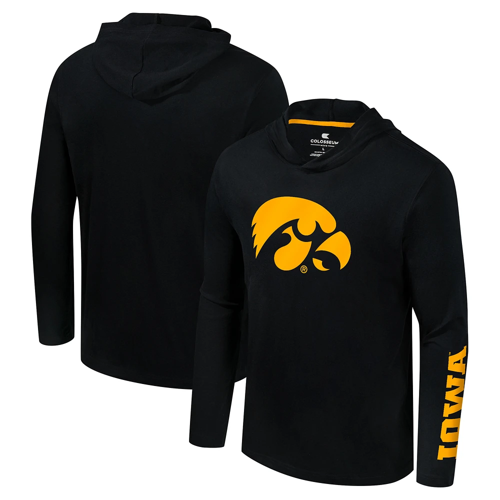 Men's Colosseum Black Iowa Hawkeyes Logo Lockup Active Blend Long Sleeve T-Shirt Hoodie