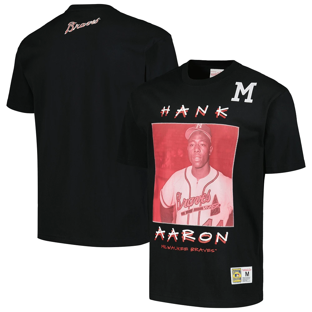 Men's Mitchell & Ness Hank Aaron Black Milwaukee Braves Cooperstown Collection Heavyweight Premium Player Vintage Logo T-Shirt