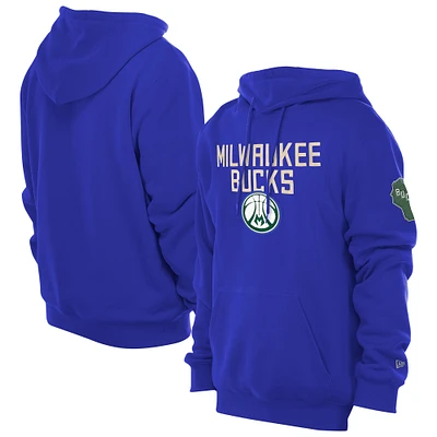 Men's New Era Royal Milwaukee Bucks 2024/25 City Edition Chenille Heavyweight Pullover Hoodie