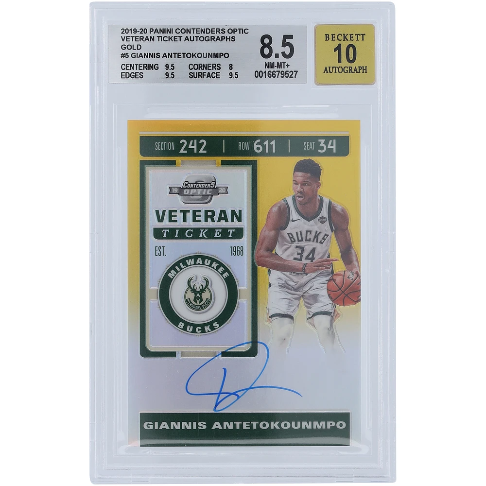 Giannis Antetokounmpo Milwaukee Bucks Autographed 2019-20 Panini Contenders Optic Veteran Ticket Gold #VT-GAN #4/10 BGS Authenticated 8.5/10 Card - 9.5,8,9.5,9.5 Subgrades