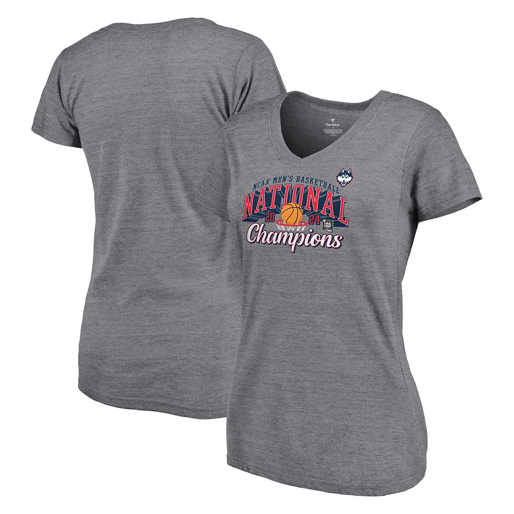 Women's Fanatics Heather Gray UConn Huskies 2024 NCAA Men's Basketball National Champions Specific V-Neck T-Shirt