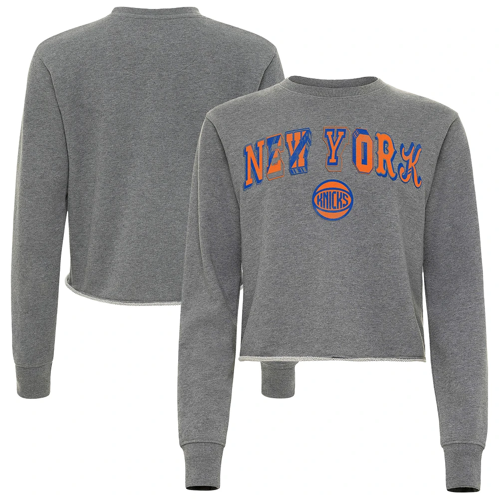 Women's Sportiqe Heather Gray New York Knicks Varsity Collection Kacey Cropped Pullover Sweatshirt