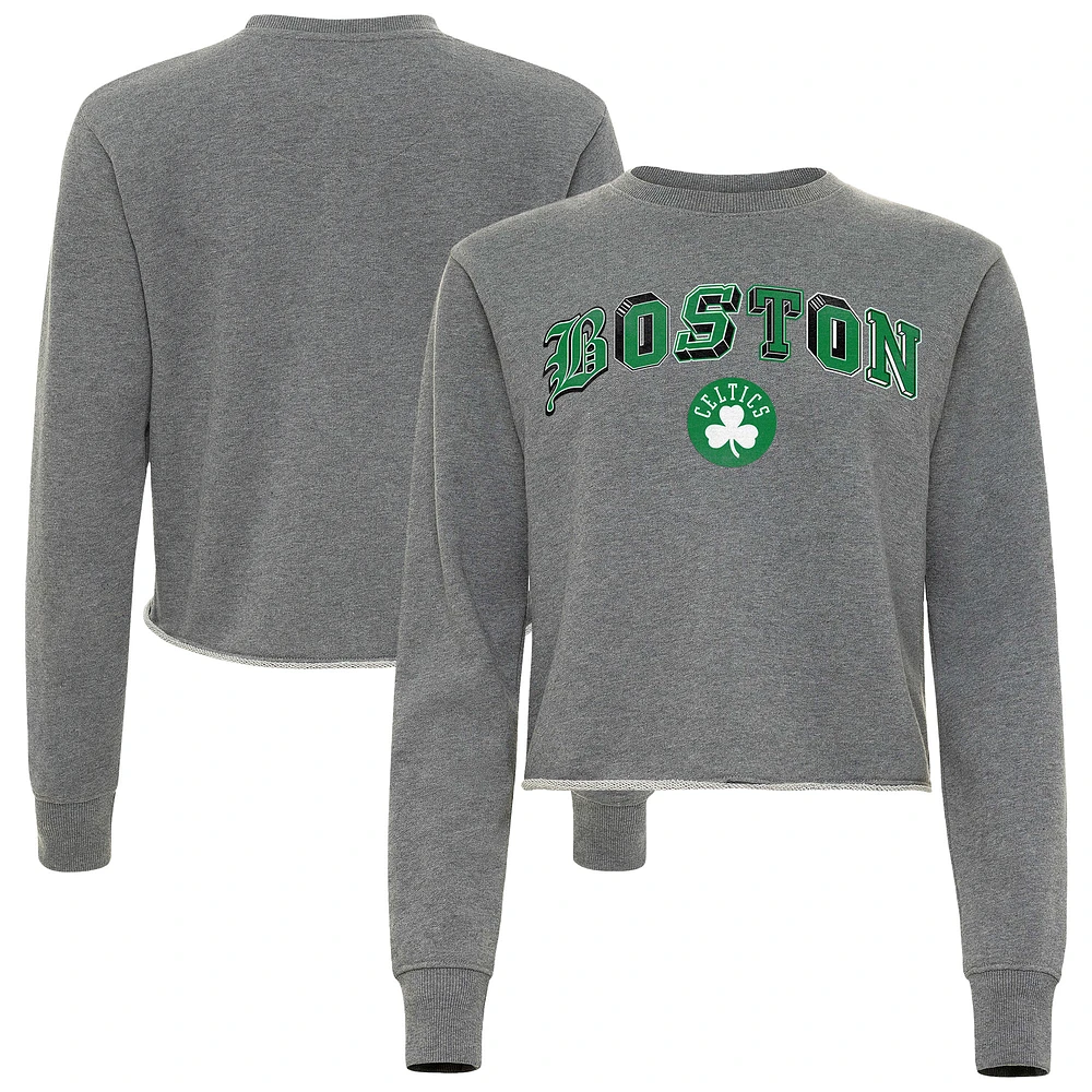 Women's Sportiqe Heather Gray Boston Celtics Varsity Collection Kacey Cropped Pullover Sweatshirt