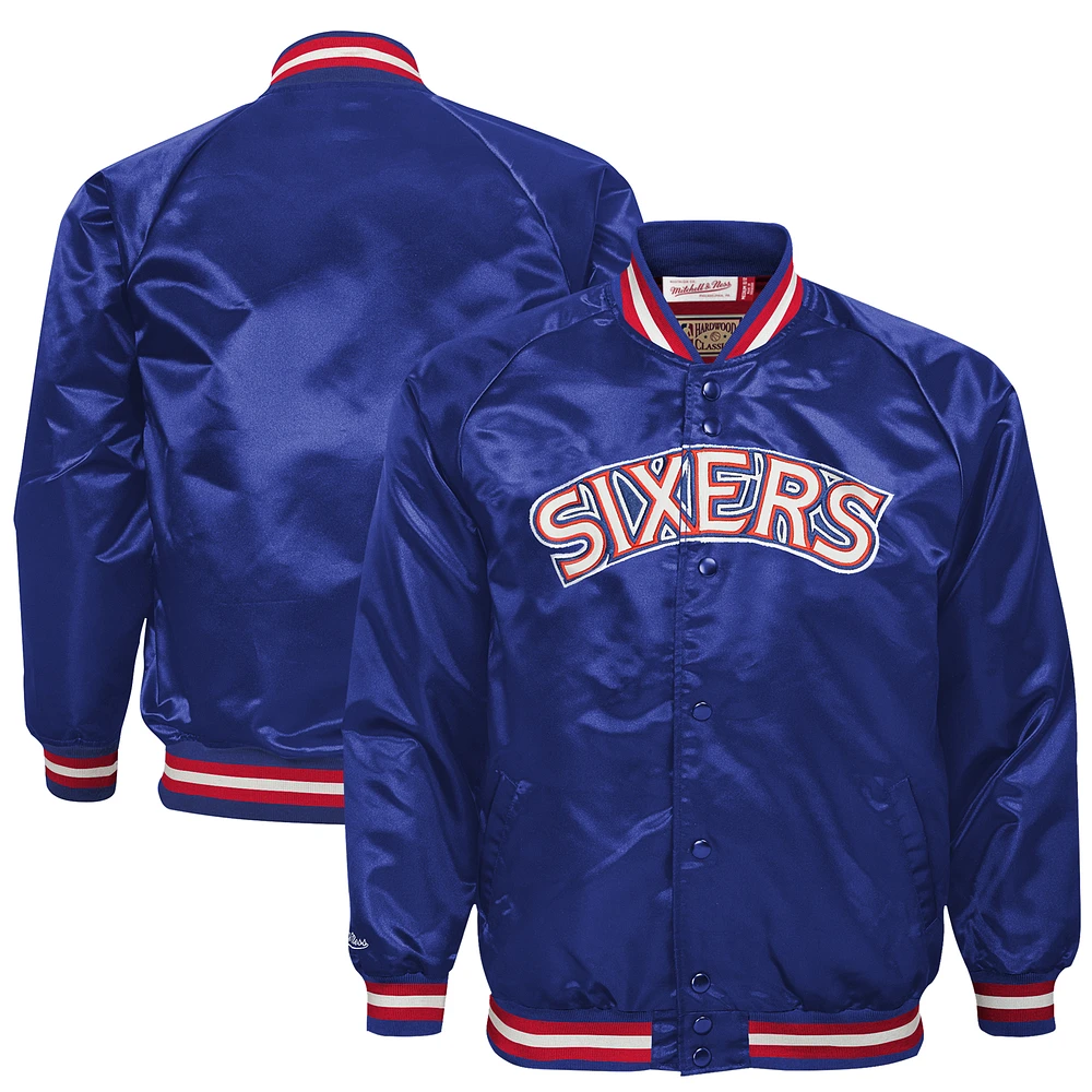 Youth Mitchell & Ness Royal Philadelphia 76ers Hardwood Classics Lightweight Satin Full-Snap Jacket