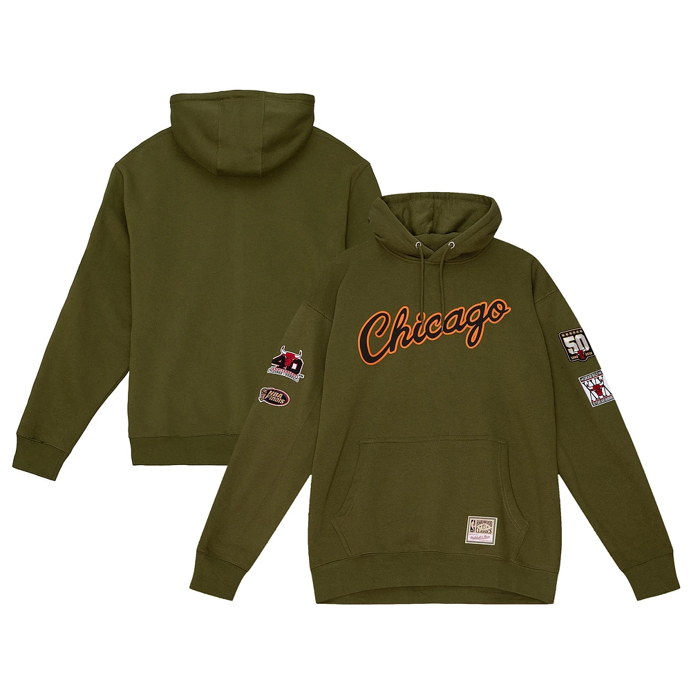 Men's Mitchell & Ness Olive Chicago Bulls Hardwood Classics Script Flight Pullover Hoodie
