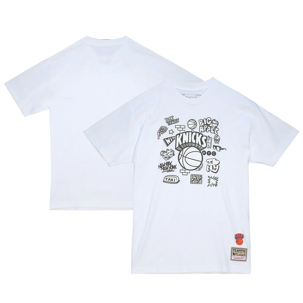 Men's Mitchell & Ness White New York Knicks Hardwood Classics Doodle T-Shirt