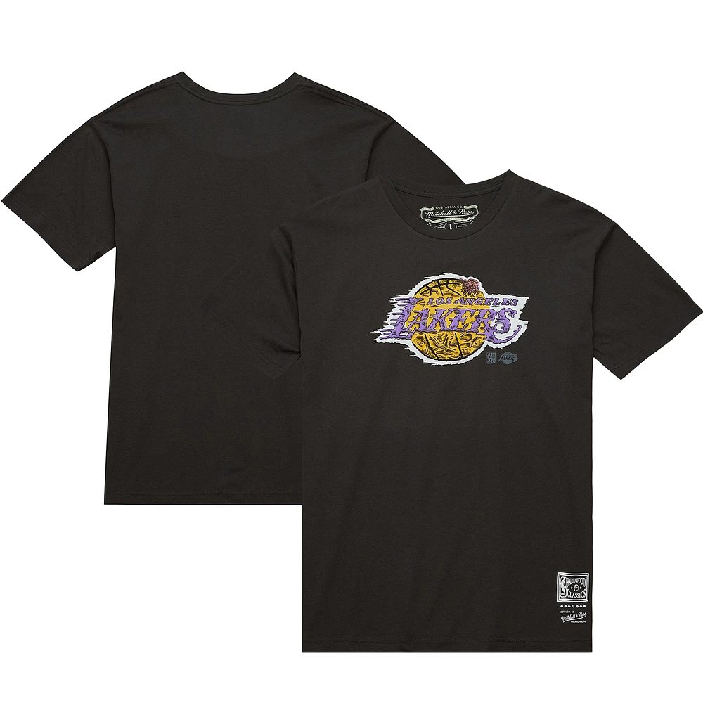 Men's Mitchell & Ness Black Los Angeles Lakers Hardwood Classics Deconstructed T-Shirt