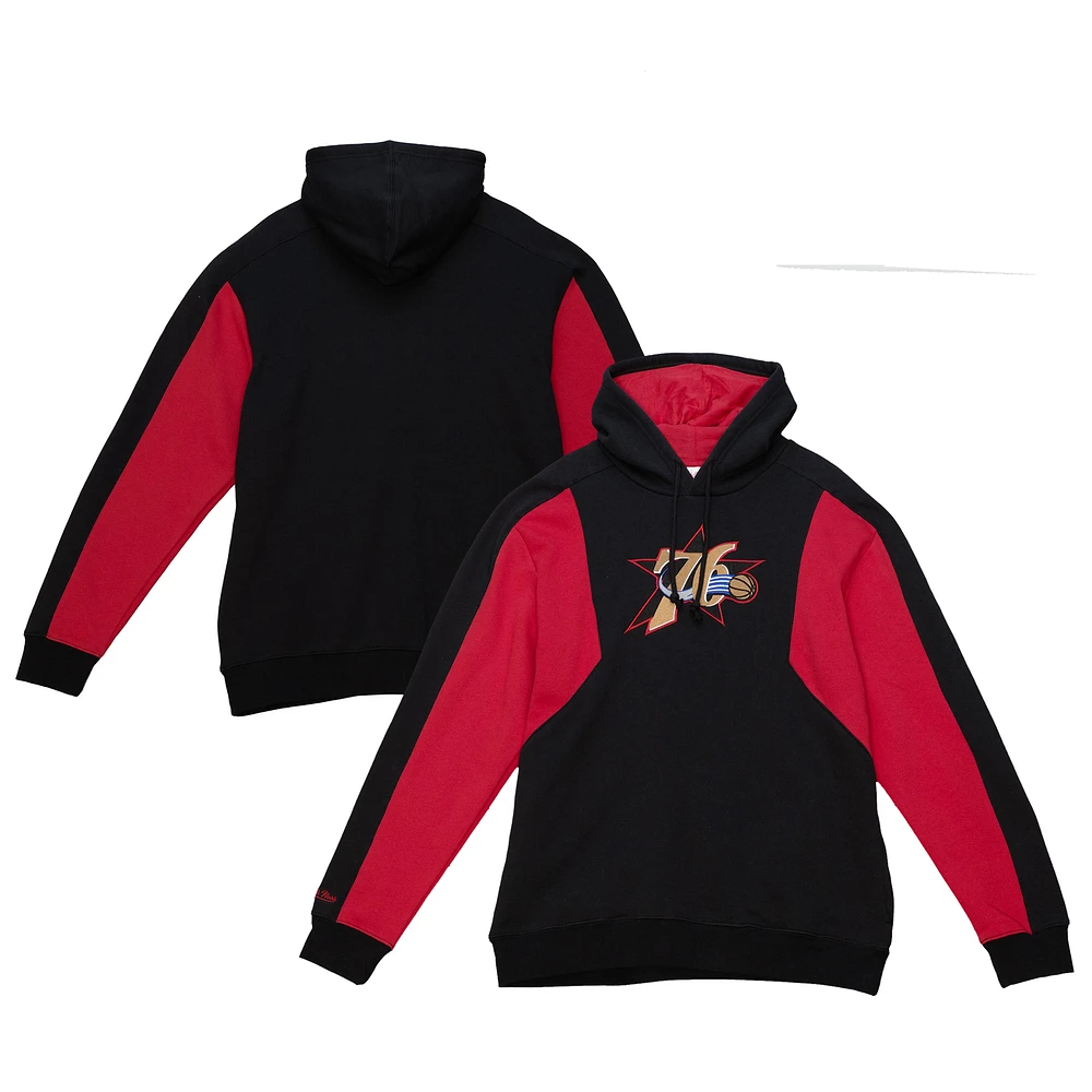 Men's Mitchell & Ness Black Philadelphia 76ers Color Block 2.0 Fleece Pullover Hoodie