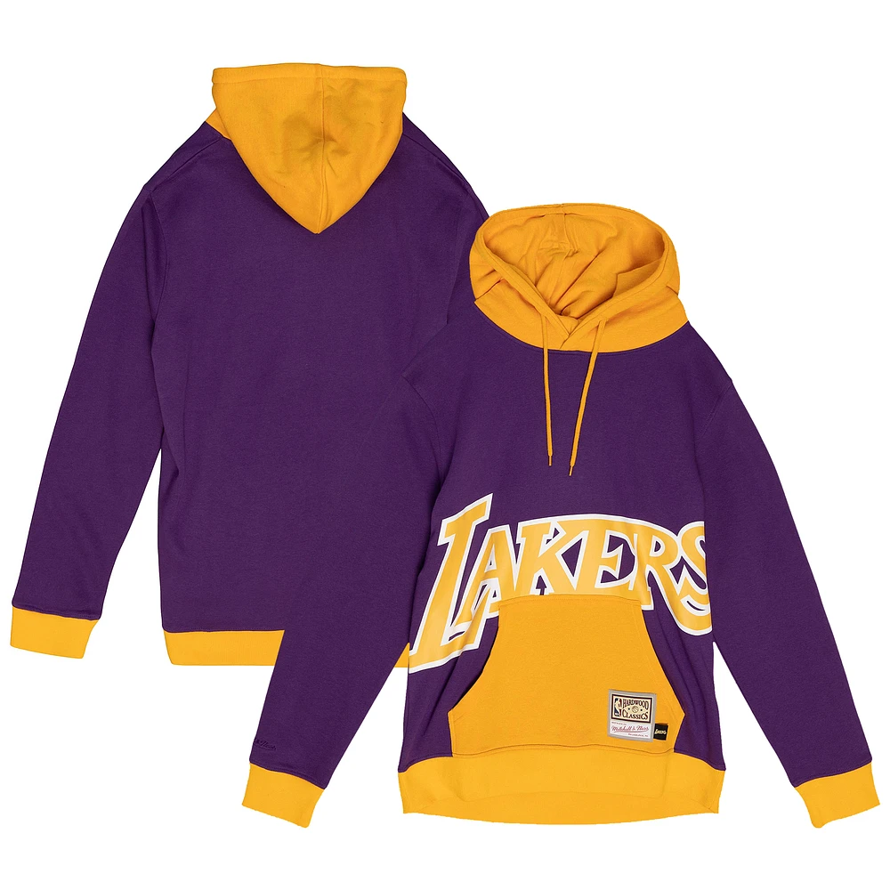 Men's Mitchell & Ness Purple Los Angeles Lakers Hardwood Classics Big Face 5.0 Pullover Hoodie