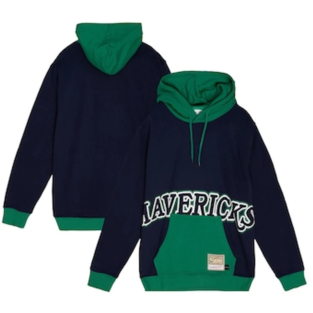 Men's Mitchell & Ness Navy Dallas Mavericks Hardwood Classics Big Face 5.0 Pullover Hoodie