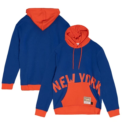 Men's Mitchell & Ness Blue New York Knicks Hardwood Classics Big Face 5.0 Pullover Hoodie