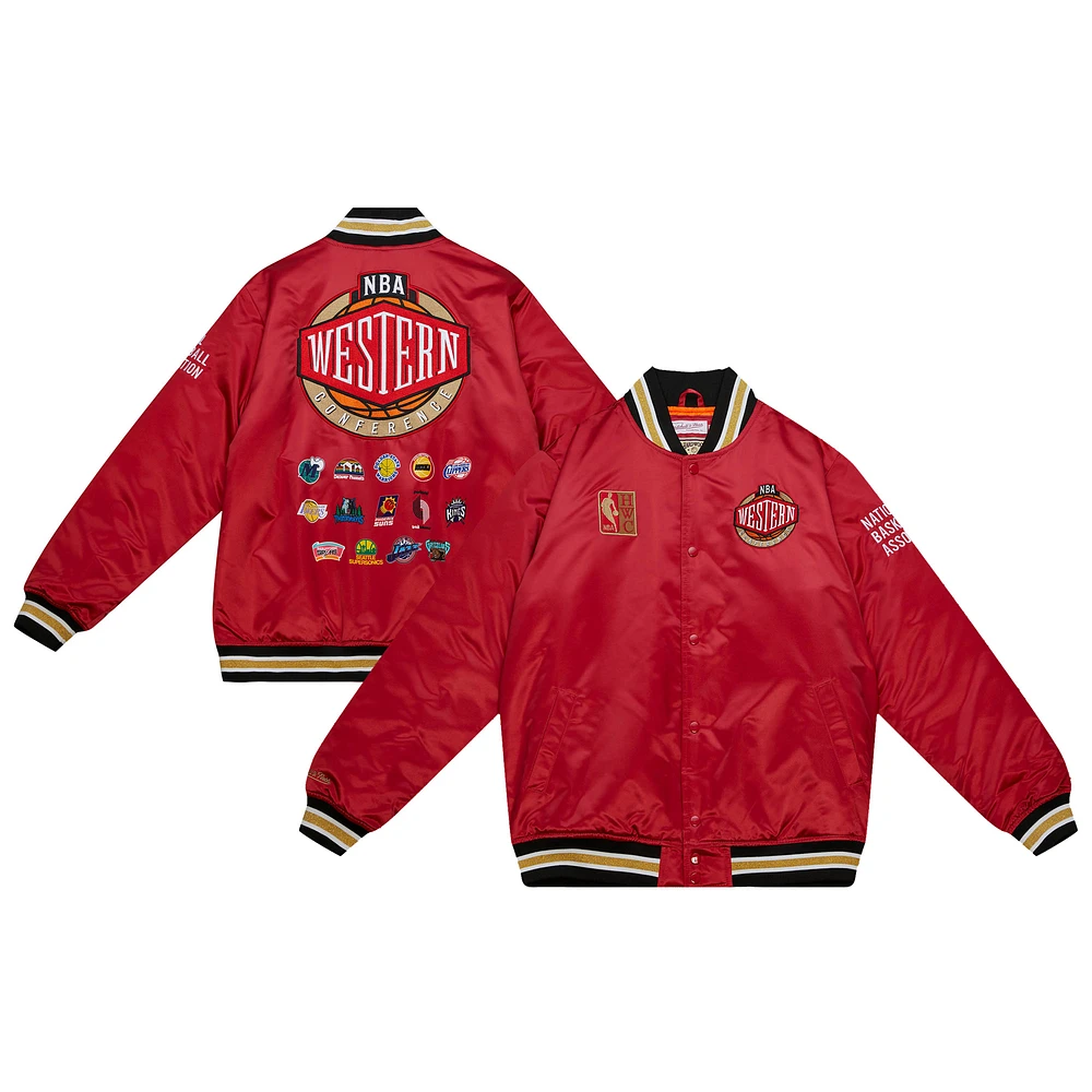 Men's Mitchell & Ness Red Western Conference Hardwood Classics Heavyweight Satin Full-Snap Jacket