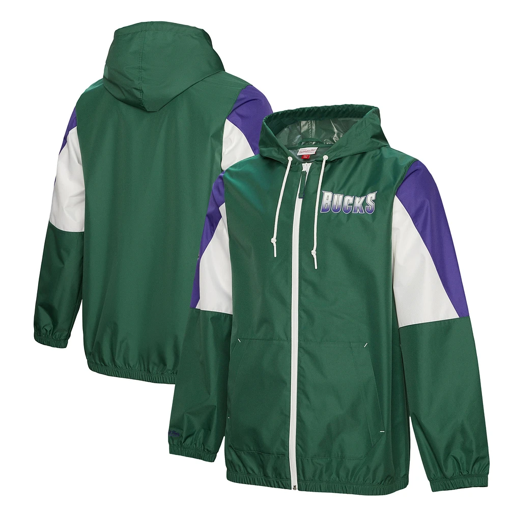Men's Mitchell & Ness Hunter Green Milwaukee Bucks Throw It Back Full-Zip Windbreaker Jacket