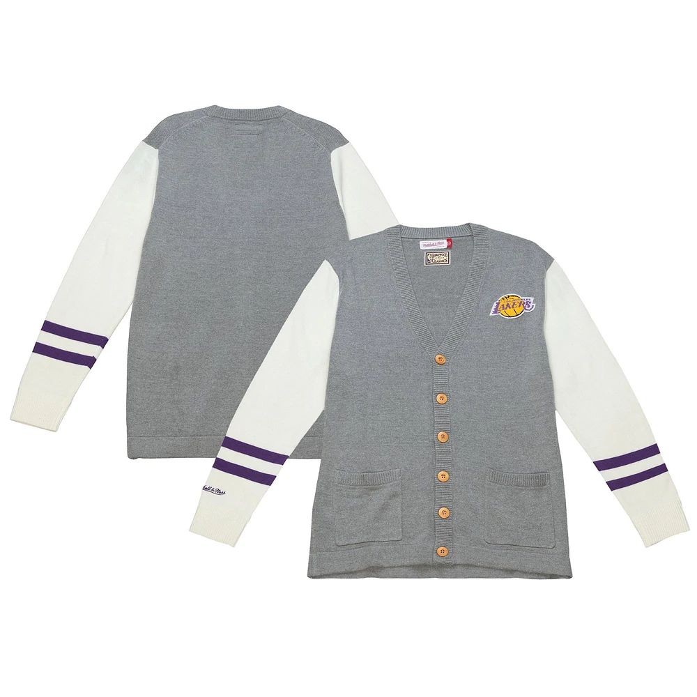 Men's Mitchell & Ness Heather Gray Los Angeles Lakers Full-Button Cardigan Sweater