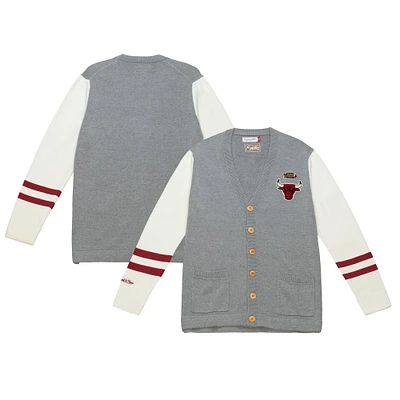 Men's Mitchell & Ness Heather Gray Chicago Bulls Full-Button Cardigan Sweater