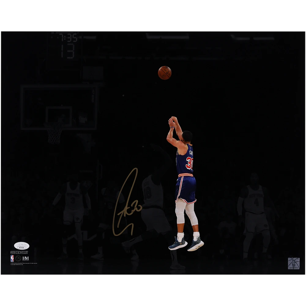 Stephen Curry Golden State Warriors Autographed 16" x 20" Shooting vs. New York Knicks Spotlight Photograph - Signed in Gold Ink - JSA