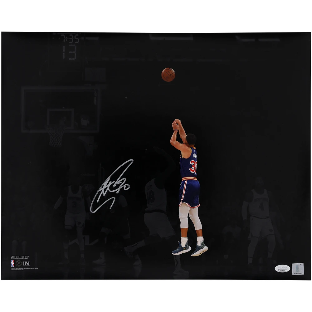 Stephen Curry Golden State Warriors Autographed 16" x 20" Shooting vs. New York Knicks Spotlight Photograph - Signed in Silver Ink - JSA