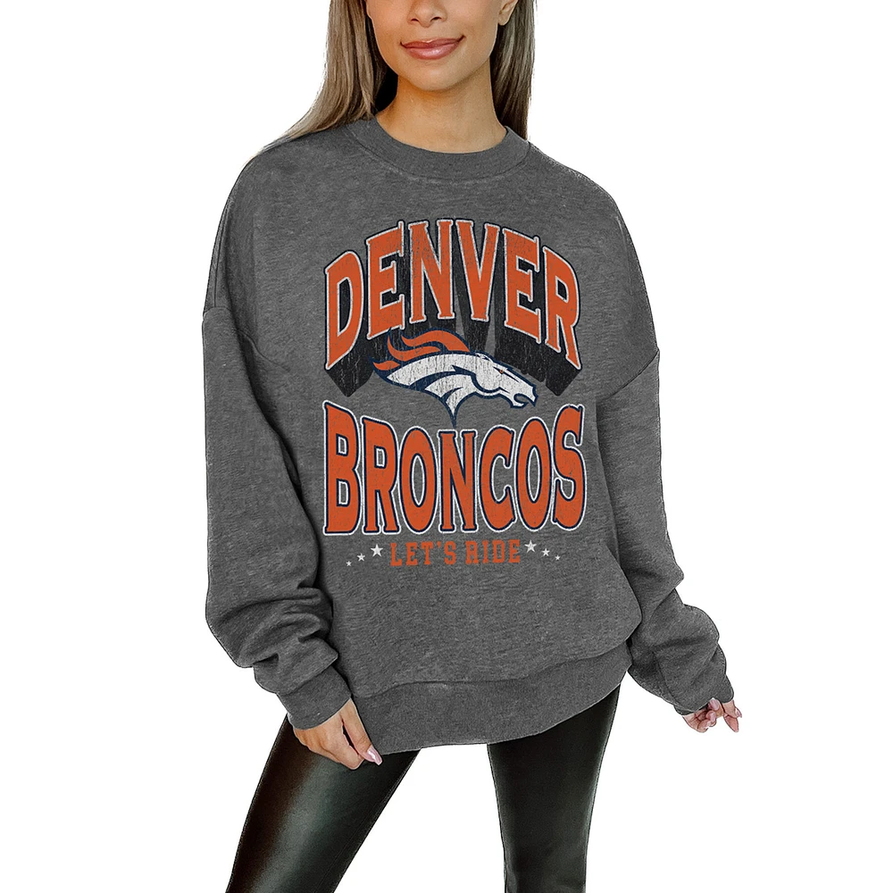 Women's Gameday Couture Charcoal Denver Broncos Oversized Long Weekend Premium Fleece Drop Shoulder Pullover Sweatshirt
