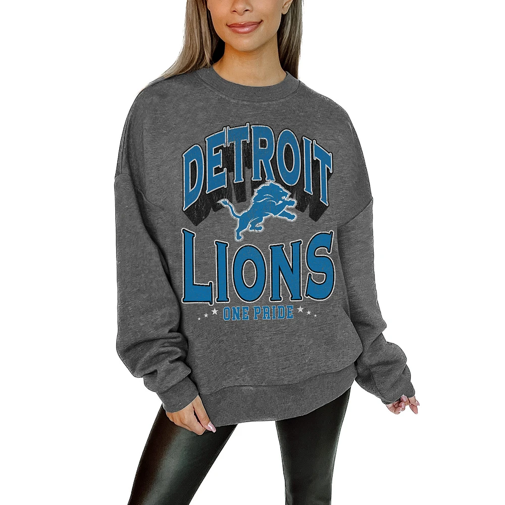 Women's Gameday Couture Charcoal Detroit Lions Oversized Long Weekend Premium Fleece Drop Shoulder Pullover Sweatshirt