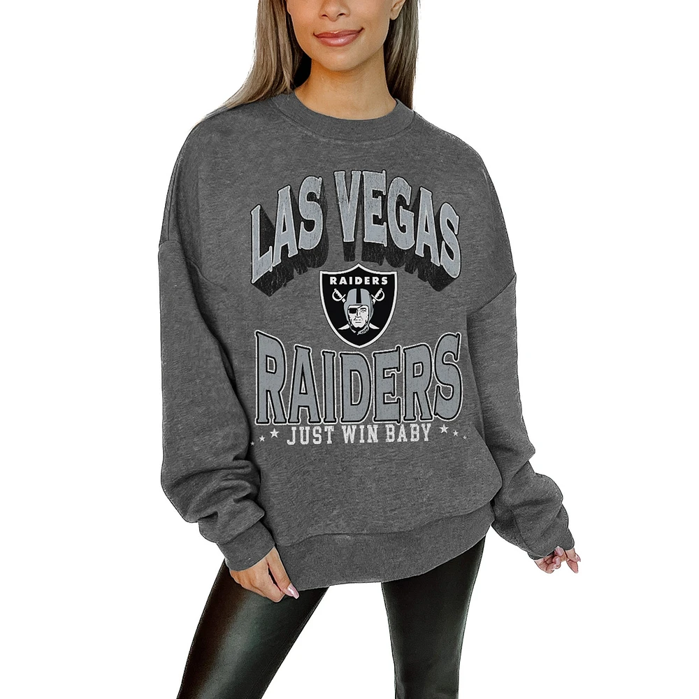 Women's Gameday Couture Charcoal Las Vegas Raiders Oversized Long Weekend Premium Fleece Drop Shoulder Pullover Sweatshirt