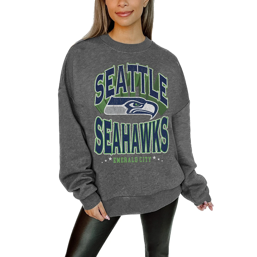 Women's Gameday Couture Charcoal Seattle Seahawks Oversized Long Weekend Premium Fleece Drop Shoulder Pullover Sweatshirt