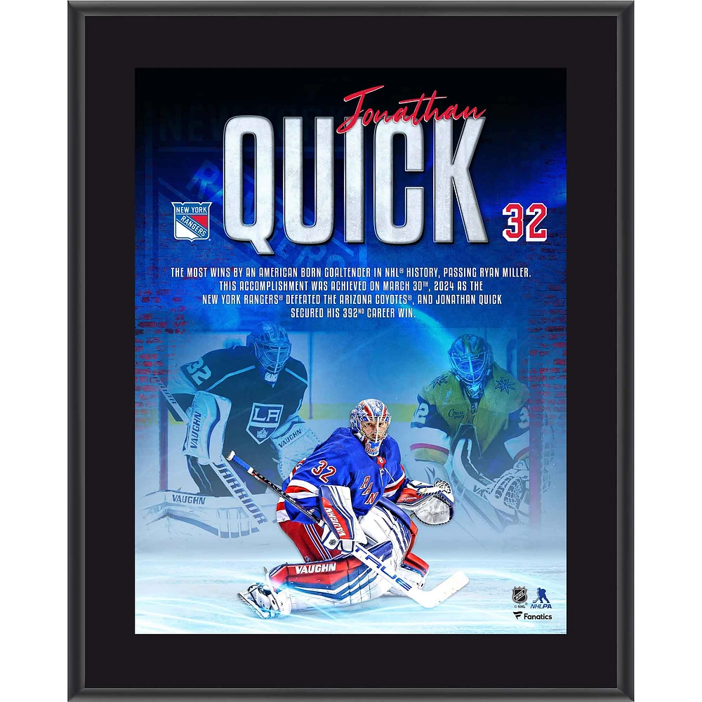 Jonathan Quick New York Rangers 10" x 13" American-Born Win Record Sublimated Plaque