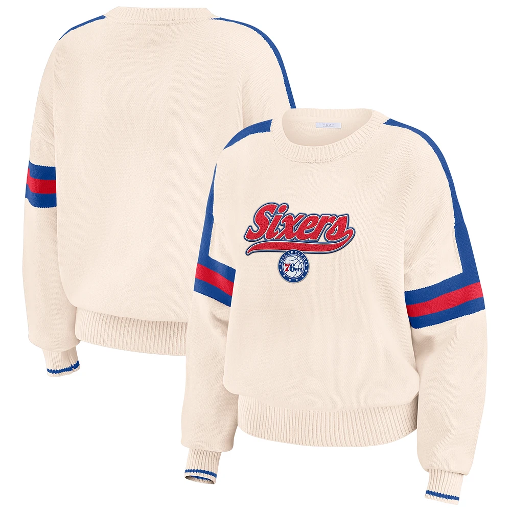 Women's WEAR by Erin Andrews Cream Philadelphia 76ers Stripe Pullover Sweater