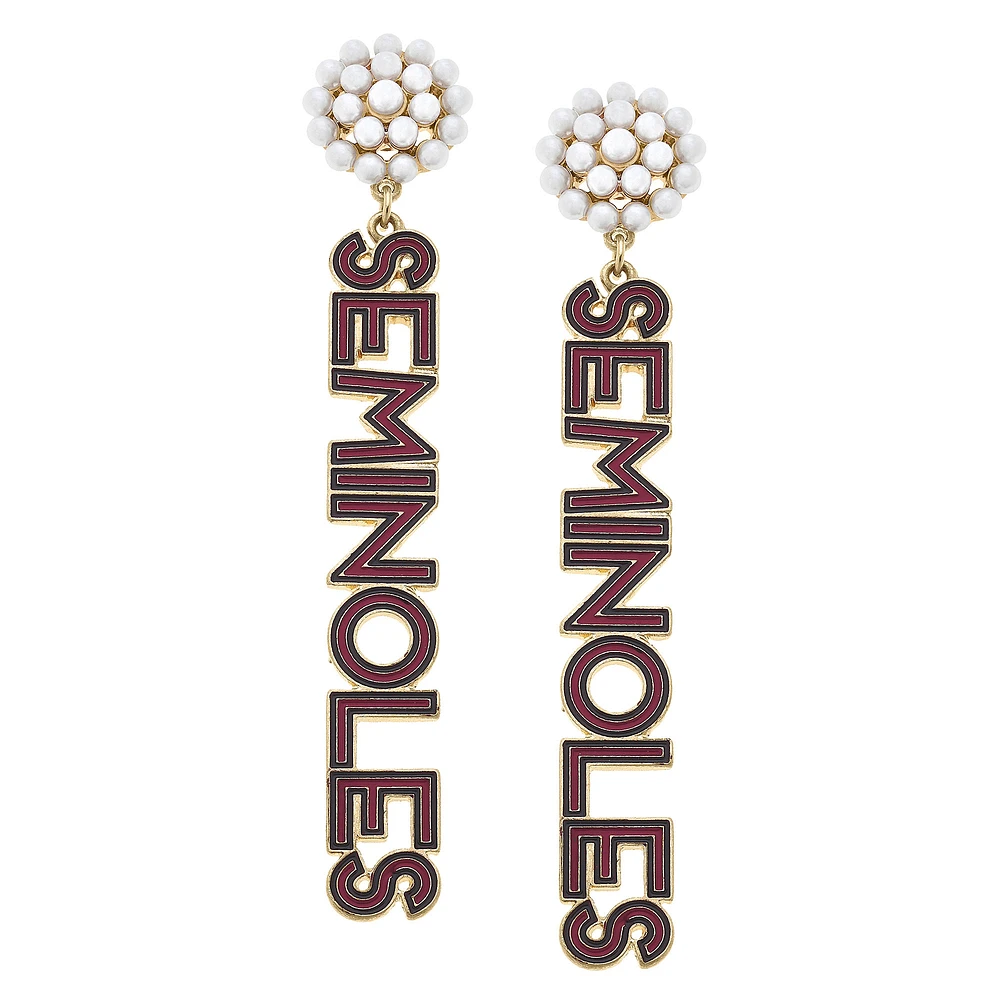Women' CANVAS Style Florida State Seminoles Pearl Cluster Outline Enamel Drop Earrings