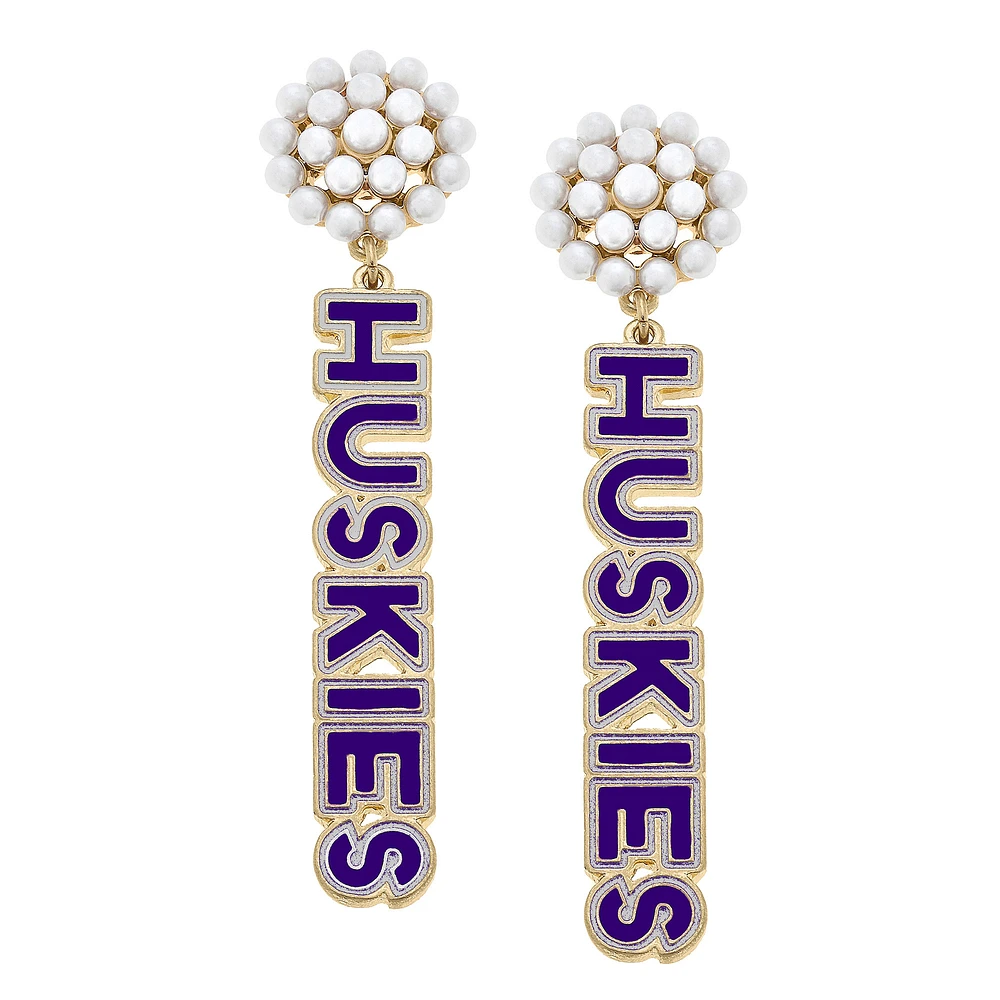 Women' CANVAS Style Washington Huskies Pearl Cluster Outline Enamel Drop Earrings