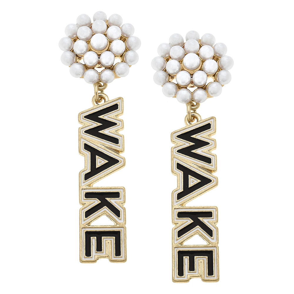 Women' CANVAS Style Wake Forest Demon Deacons Pearl Cluster Outline Enamel Drop Earrings
