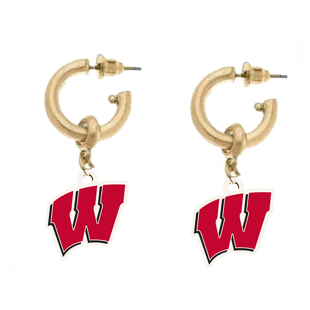 Women' CANVAS Style Wisconsin Badgers Resin Logo Drop Hoop Earrings