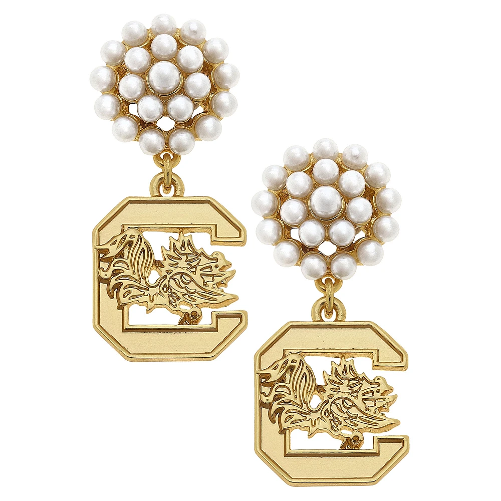 Women' CANVAS Style South Carolina Gamecocks Pearl Cluster 24K Gold Drop Earrings