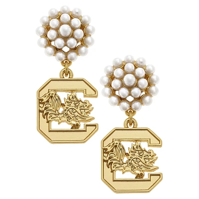 Women' CANVAS Style South Carolina Gamecocks Pearl Cluster 24K Gold Drop Earrings