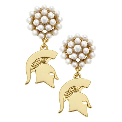 Women' CANVAS Style Michigan State Spartans Pearl Cluster 24K Gold Drop Earrings