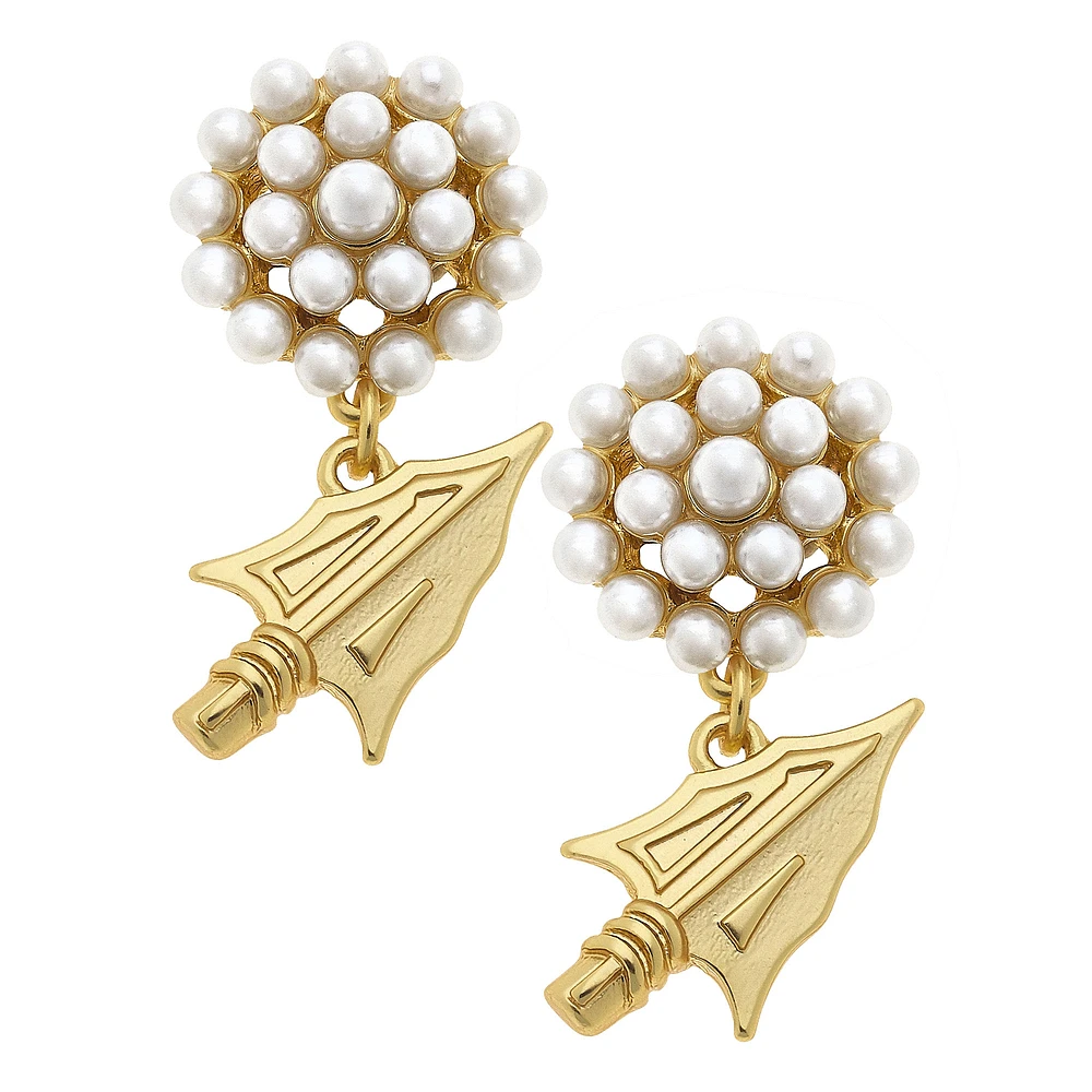 Women' CANVAS Style Florida State Seminoles Pearl Cluster 24K Gold Drop Earrings
